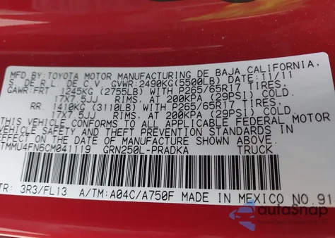 2012 Toyota Tacoma Base V6 z USA, uszkodzony, nr VIN 3TMMU4FN6CM041119